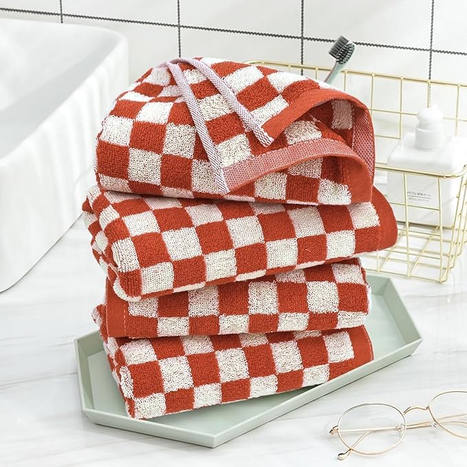 Jacquotha Checkered Hand Towels (13x29 Inches) - Kitchen Hand Towels Pack of 4, Absorbent Cotton Rags for Bathroom Face Gym Pool Swim