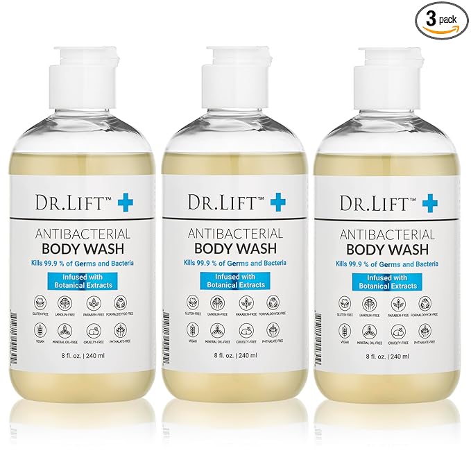 DR. LIFT Antibacterial Body Wash, 8 oz (3-Pack) - Gentle & Effective Shower Gel - Made in America