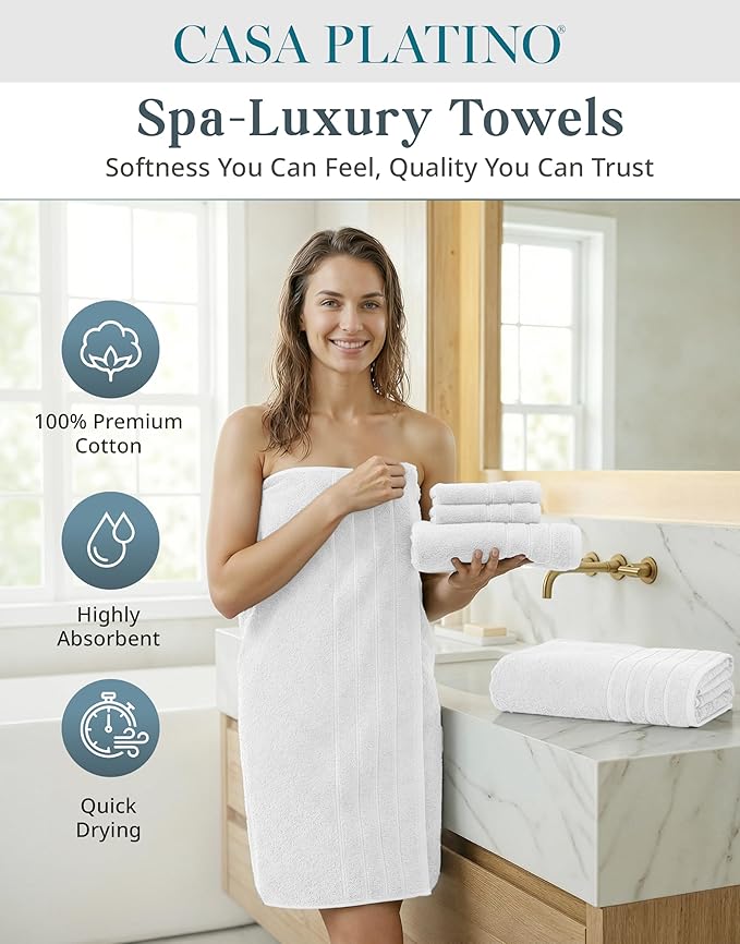 CASA PLATINO 100% Cotton Bath Towel Set 18 Pc - Super Soft, Absorbent & Quick Dry - 6 Bath, 6 Washcloths, 6 Hand Towels for Bathroom - Hotel Quality Turkish Towels, Ideal for Spa, Gym & Travel - White