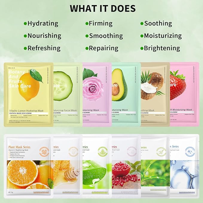 12 Pack Face Masks Skincare Sheet Face Masks for Teens Girls Women, Hydrating Face Mask, Face Mask Set SPA Party Gifts for Teens Girls Kids, Mothers Day Gifts, Perfect for Pamper & Sleepover Party