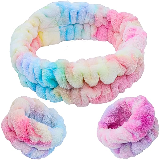 FROG SAC Spa Headband and Wristbands for Face Washing, Fuzzy Skincare Make Up Headbands Set for Women, Soft Puffy Makeup Skin Care Facewashing Hair Band Accessories for Girls (Rainbow Tie Dye)