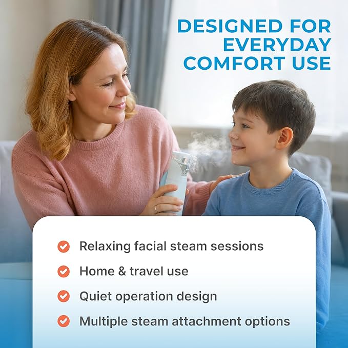 Nebu Ease Portable Facial Steamer & Personal Fine Mist Device – Handheld Rechargeable Mist Unit with Dual Output Levels, Compact Travel Design, Includes Multi-Use Attachments