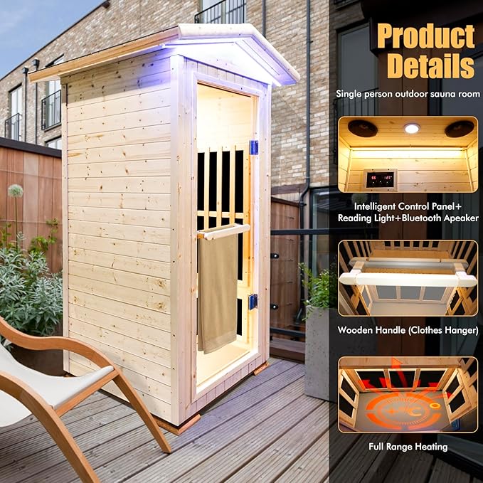 OUTEXER Outdoor Sauna Wooden Far Infrared Saunas Spa 1550W Low-EMF Dry Sauna Room for One Person Finland Spruce Wood