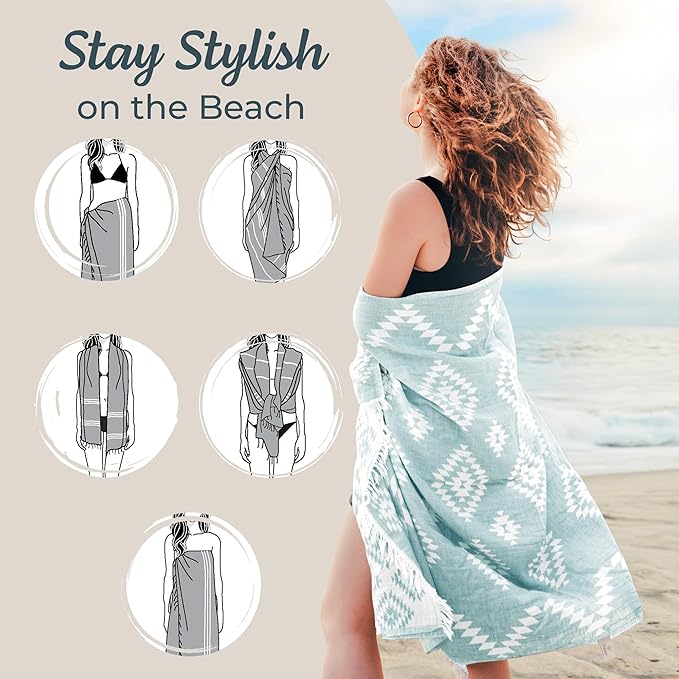 Turkish Beach Towel (35”x67”) – 100% Cotton, Quick Dry, Lightweight, Oversized Beach Towel for Pool & Travel - Pastel Teal Color