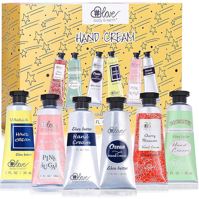 BODY & EARTH # LOVE Hand Cream Gift Set, Mothers Day Gifts for Mom, Hand Lotion Gifts for Women, Moisturizing Hand Lotion for Dry Cracked Hands Cream Travel Size, Birthday Gifts, 6 x 1 OZ