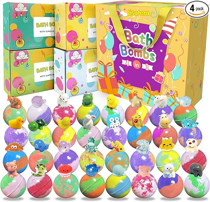 Bath Bombs for Kids with Surprise Inside, 32 Pack Kids Bath Bombs with Land & Sea Animal Toys, Girls Boys Easter Gifts, Handmade Fizzy Bubble Children Bath Ball Gift Easter Basket Stuffers, Birthday