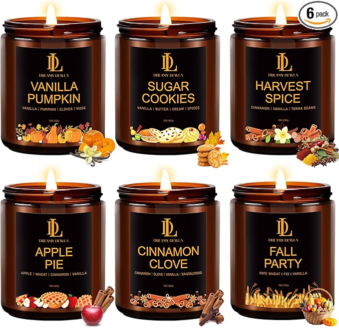 Fall Candles, 6 Pack Soy Candle Set, Scented Candles for Home, Holiday Candle for Women Men, Scents of Sugar Cookies/Vanilla Pumpkin/Cinnamon Clove/Apple Pie/Harvest Spice/Fall Party
