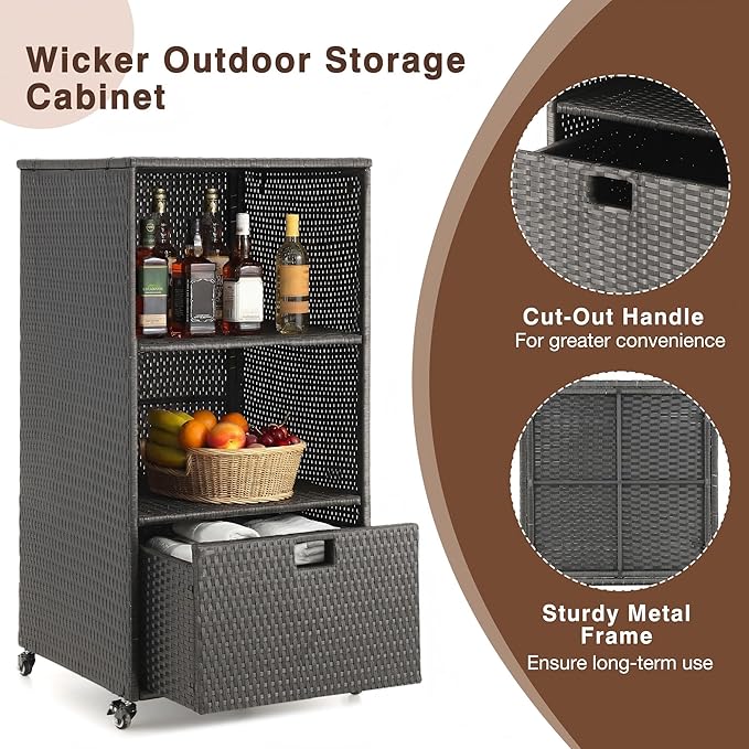 HOMREST Outdoor Pool Towel Rack with Storage Cabinet, Waterproof PE Rattan Wicker Poolside Towel Organizer with Shelves & Drawer, Rolling Wheels Towel Valet Caddy for Patio, Hot Tub, Spa,Black
