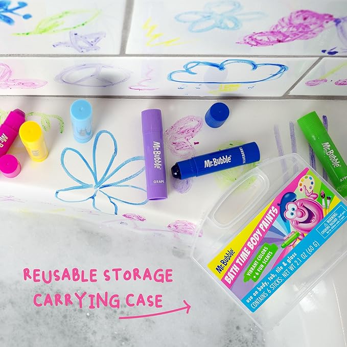 Mr. Bubble Bath Time Body Paints – 6-Color Washable Bath Paint Sticks with Gentle, Kid-Safe Formula – Fun Tub Time Art Set with Scented Colors & Carrying Case