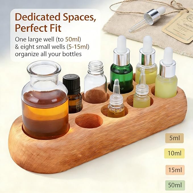 VolksRose 5~100ml 9 Holder Wooden Essential Oil Organizer - Storage Rack with Stickers - Elegant Travel & Display Stand for Essential Oils, Nail Polish, Perfume, Compact Shelf for Tabletop