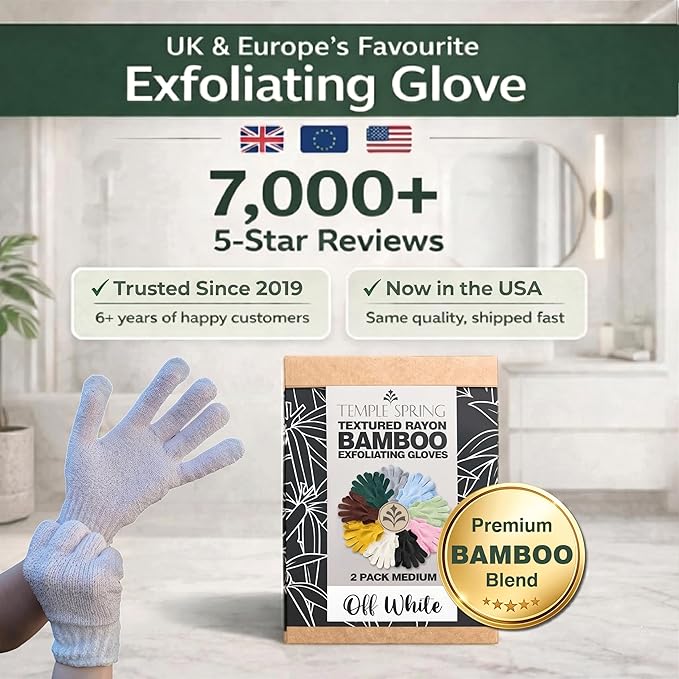 Temple Spring Shower Gloves Exfoliating for Women – Natural Textured Rayon Bamboo Exfoliating Glove with Thicker Weave for Deep Cleansing, Dead Skin Removal & Smooth Radiant Skin (1 Pair, Off-White)
