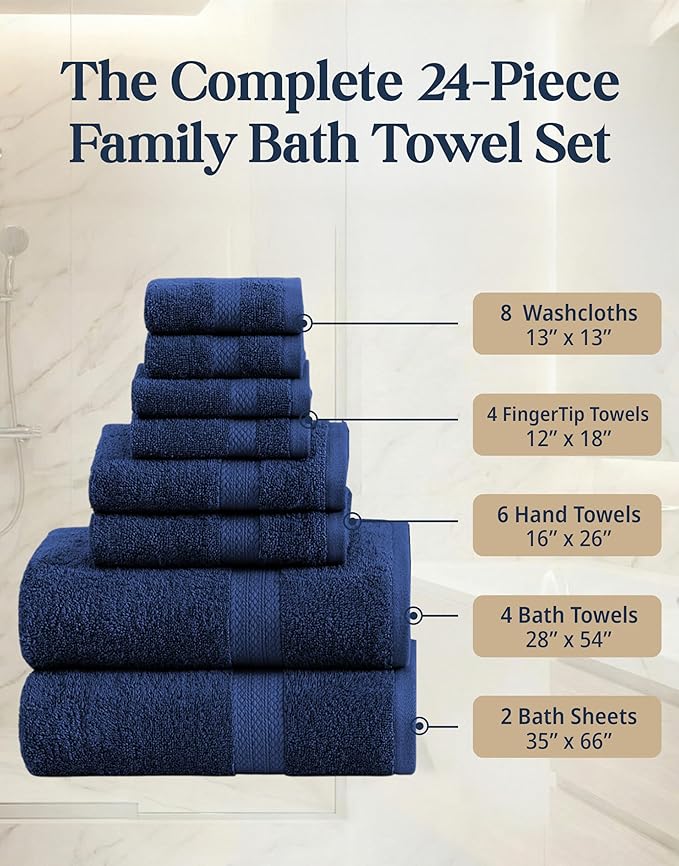 LANE LINEN 24 PCs Bath Towel Set - 2 Bath Sheets, 4 Bath Towels, 4 Fingertip, 8 Washcloths, 6 Hand Towels - 100% Ring Spun Cotton - Highly Absorbent Towels for Bathroom, Gym, Hotel & Spa - Navy Blue