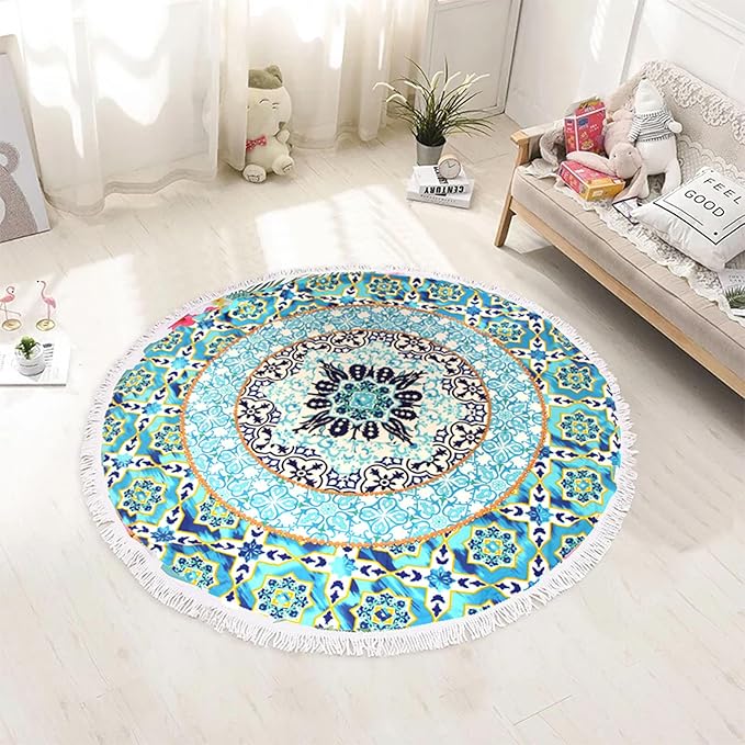 Pafusen Round Mandala Beach Towel Blanket/Boho Hippie Tapestry, Roundie Yoga Meditation Mat Picnic Rug, Bohemian Table Cloth with Tassels, Terry Towel Material, 60 inch Cute Towels, Gifts for Women
