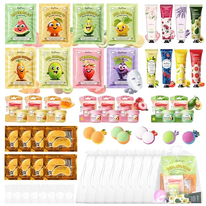 56PCS Spa Party Supplies For Girls, Spa Birthday Party Favors For 8 People, Spa Day Kit With Bath Bombs, Eye Mask, Lip Balm, Face Mask, Hand Cream, Compressed Towel, Gift Bag, Sleepover Spa Gift Set