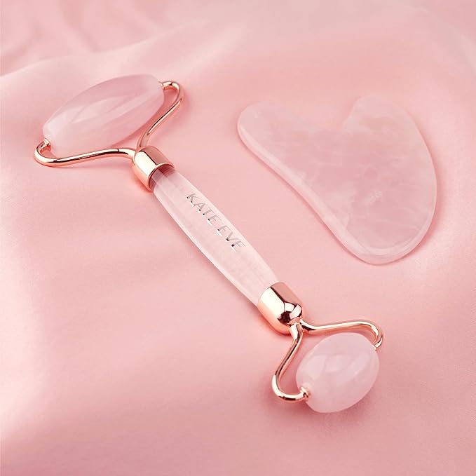 Kate Eve Rose Quartz Face Roller & Gua Sha Set – Luxury Facial Spa Gift for Mom | 100% Natural Brazilian Rose Quartz | De-Puffing Skincare Tool for Women