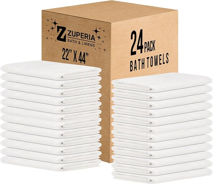 ZUPERIA White Bath Towels Bulk 24 Pack (22 x 44 Inches) - 100% Cotton Economy Light Weight Towels for Commercial Use - Quick Dry, Ultra-Soft, and Absorbent Bulk Towels