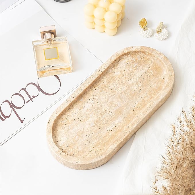 WORHE Natural Travertine Vanity Tray Waterproof Italy Marble Bathroom Organizer for Perfume, Candles & Jewelry Non-Slip Oval Storage Tray for Spa, Bedroom, Kitchen 9.8" x 4.5" Beige (WH028)