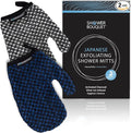 Japanese Exfoliating Mitt 2-Pack - Charcoal & Silver Ion Exfoliating Gloves for Shower - Soft Inner Fabric Gentle Exfoliation & Deep Cleansing Body Scrub Gloves for All Skin Types - 1 White, 1 Blue