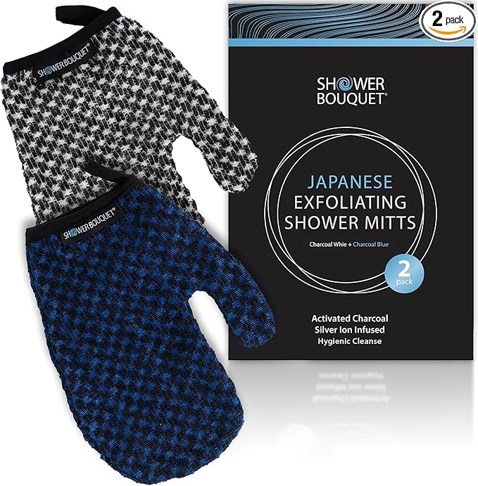 Japanese Exfoliating Mitt 2-Pack - Charcoal & Silver Ion Exfoliating Gloves for Shower - Soft Inner Fabric Gentle Exfoliation & Deep Cleansing Body Scrub Gloves for All Skin Types - 1 White, 1 Blue