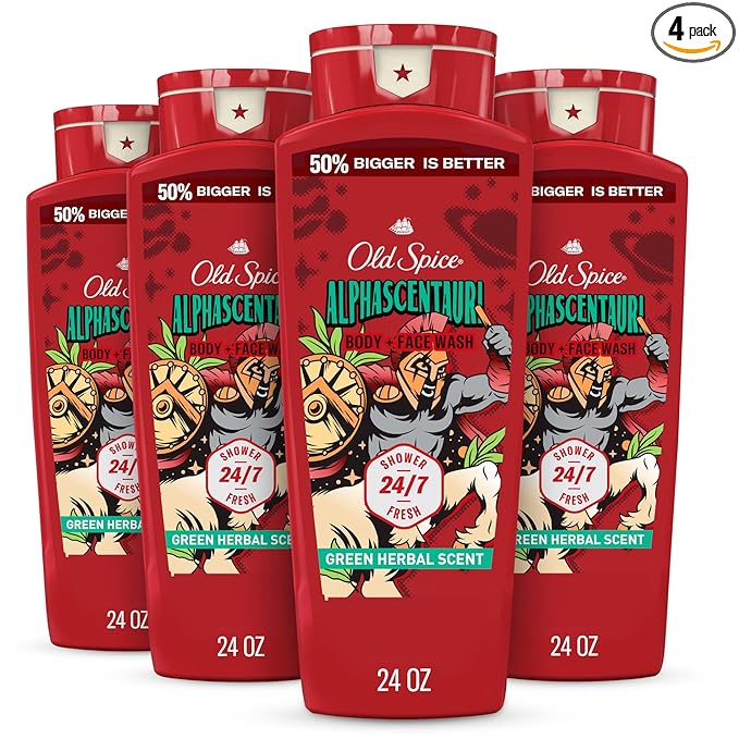 Old Spice Cleansing Body Wash for Men, 3X Defense, 24/7 Shower Fresh with Lasting Scent, 2-in-1 Body & Face Wash, Alphascentauri with Green Herbal Scent, 24 oz (Pack of 4)