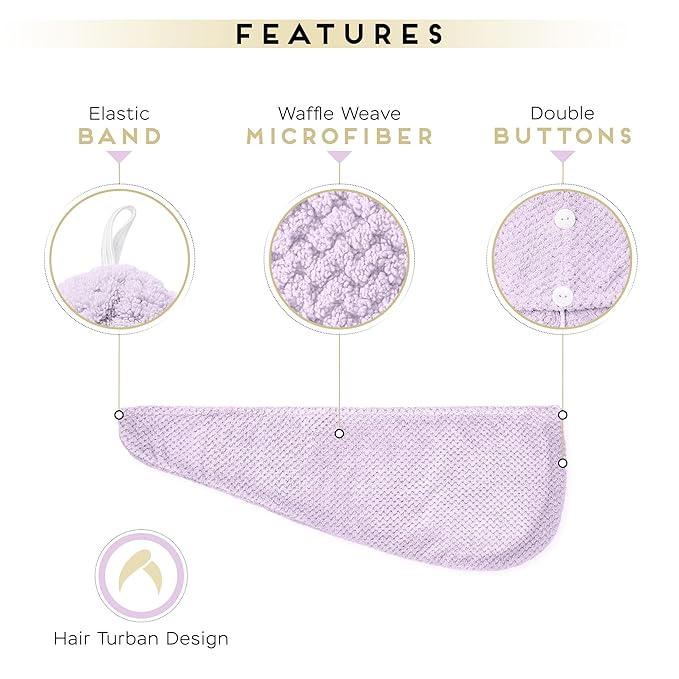 SimpleField 2 Pack Microfiber Hair Towel Wrap for Women, Anti Frizz Quick Drying Hair Turban for All Hair Style, Absorbent and Lightweight (Light Purple)