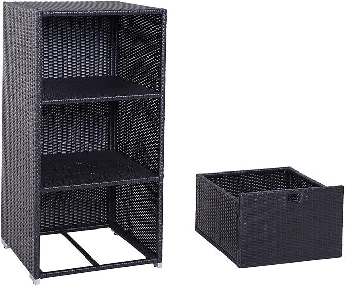 Outsunny Valet Pool Towel Rack, Waterproof PE Plastic Rattan Wicker Storage Organizer, Indoor Outdoor Spa, and Hot Tub Accessory Storage, 2 Shelves, 1 Basket Drawer, Espresso