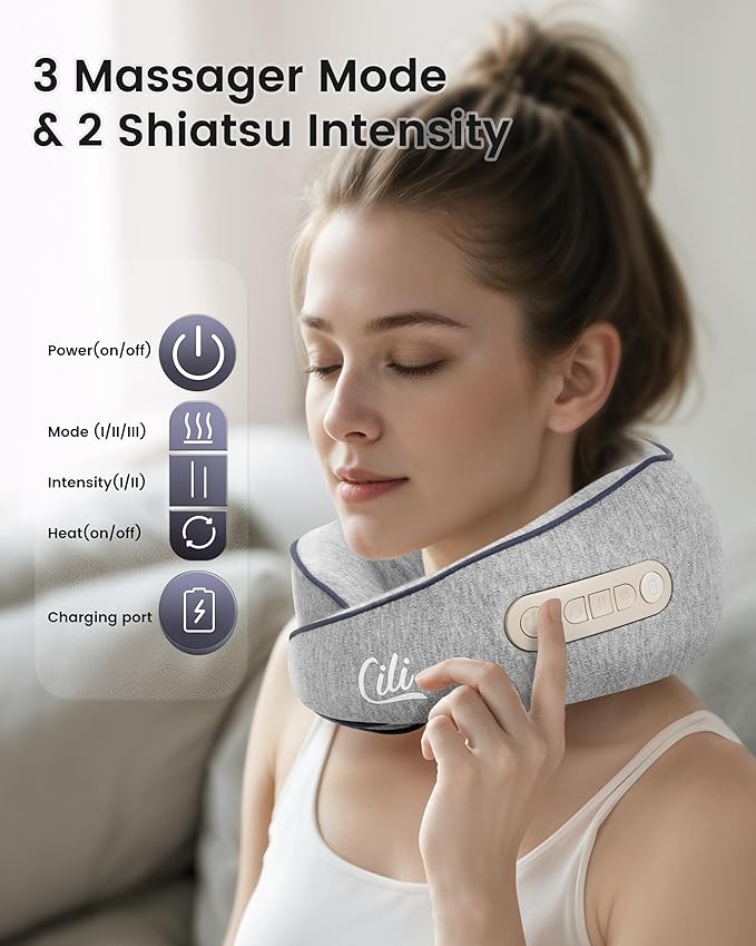 CILI Cordless Shiatsu Neck Massager with Heat, Neck Massager for Pain Relief Deep Tissue,Heated Massage Pillow for Travel,3 Adjustable Intensity,Gifts for Women Men Mom Dad