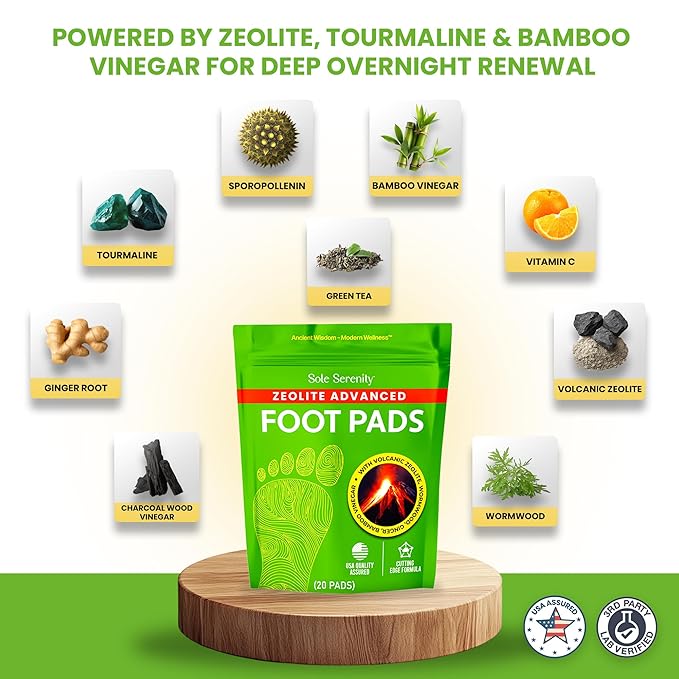 Sole Serenity Foot Pads - Zeolite Mineral, Ginger Root, Wormwood, Bamboo Vinegar, Foot Spa for Achy Feet (2 Pack)