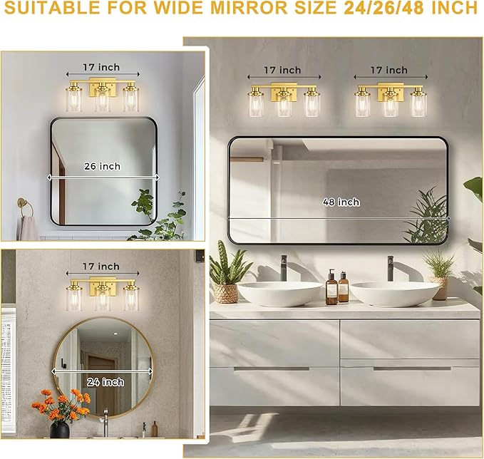 L LOHAS LED 3 Light Bathroom Vanity Light, Gold Bathroom Light Fixtures, Vanity Lights for Mirror Bedroom Hallway