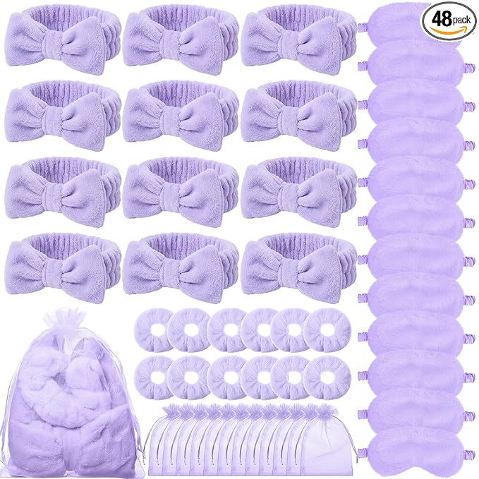 Mimorou 48 Pieces Spa Party Supplies Gift for Mother's Day 12 Spa Headband 12 Plush Sleep Eye Mask 12 Velvet Scrunchies 12 Organza Bags for Sleepover Slumber Party Graduation Gift(Purple)