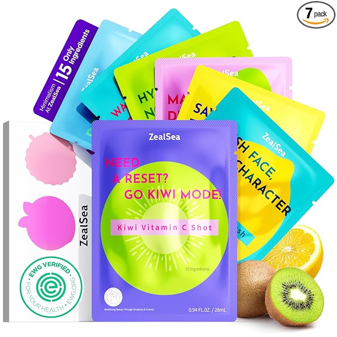 ZealSea Clean Beauty Face Masks Skincare, Minimalism 15 Ingredients Sheet Mask, Deep Hydration Facial Mask for Bouncy & Glowing, Sleepover Spa Party Supplies, Women Teen Girl Gifts Trendy Stuff, 7Pack