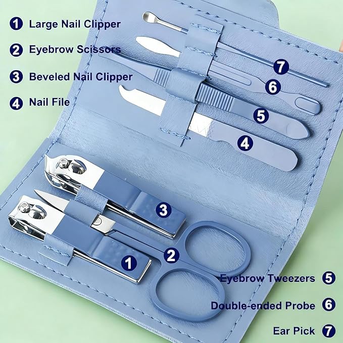 Manicure Set, 7 in 1 Professional Nail Clippers Scissors Pedicure Kit, Stainless Steel Nail Care Tools with Case, Portable Manicure Grooming Kit Christmas Stocking Stuffers Gift for Women (Blue)