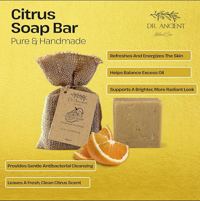 Dr.Ancient Citrus Soap Bar, Organic Soap Bars Handcrafted the Traditional Way, Natural Chemical-Free, Vegan, Used for Face Wash, Body Wash, and Hand Cleansing, Refreshing, Exfoliating