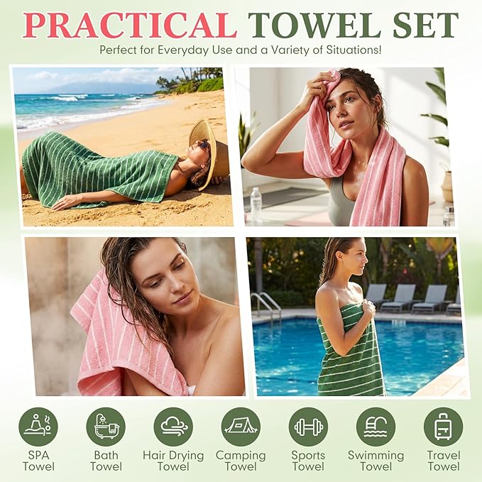6 Pcs Large Bath Towels Set 28x55 Inch Soft Cotton Towels for Bathroom Pink Green Striped Towel Set Highly Absorbent & Quick Dry Towel for Spa Gym | 2 Bath, 2 Hand, 2 Washcloth(Pink Green)