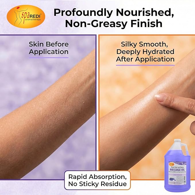 SPA REDI - Massage Oil, Lavender Wildflower, 128 Oz Professional Pedicure, Manicure, Full Body Massage Therapy, with Almond Oil, Cotton Seed Oil, Sunflower Oil, Avocado Oil, Essential Oils, Vitamin E