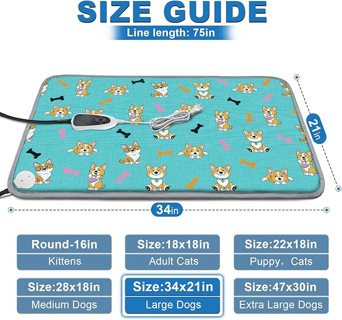 GOLOPET Large Dog Heating Pad 34x21in with Smart Thermostat Switch and Power Line Protection Tube,Obtained MET and UL Dual Certification,Waterproof Pet Pad, Suitable for Dogs of All Ages-Blue
