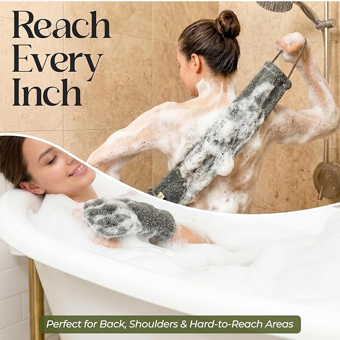 Body Exfoliator Set – Back Scrubber Strap & Exfoliating Glove, 3 Piece Shower Kit with Mesh Laundry Bag for Easy Machine Washing, Deep Cleansing & Smooth Skin – DelecoRon