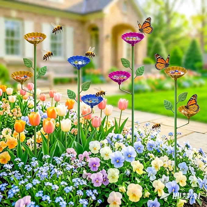 Bee Watering Station for Garden 4 Pack, Metal Double-Flower Bee Bath Garden Stakes, Colorful Bee Cups Pollinator Feeder Outdoor Decor for Bees Butterflies, Yard Garden Decorations