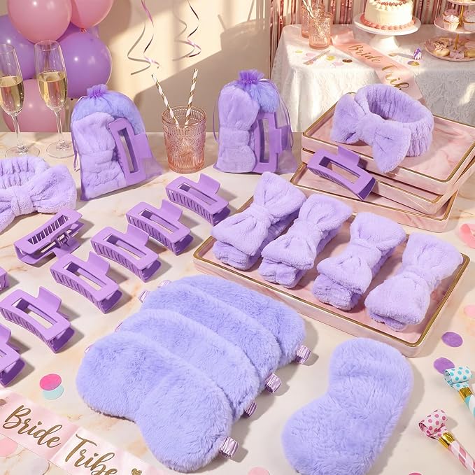 48 Pcs Spa Party Supplies Sleepover Essentials Gift for Mother's Day Spa Headband Plush Eye Mask Claw Clips Organza Bag for Women Adult Slumber Party Supplies (Purple)