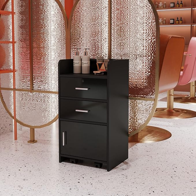 SSLine Modern Salon Station Black Floor Stand Styling Sation Wood Salon Cabinet for Hair Stylist Barber Shop Classic Beauty Spa Storage Table with Drawers,Cupboard and Tool Insert Holes