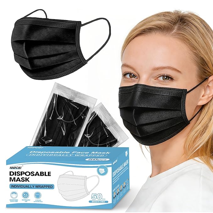 NNPCBT Black Individually Wrapped Masks 50pcs, Disposable Face Masks for Adults, 3 Ply Breathable Face Mask Black Indoor Outdoor
