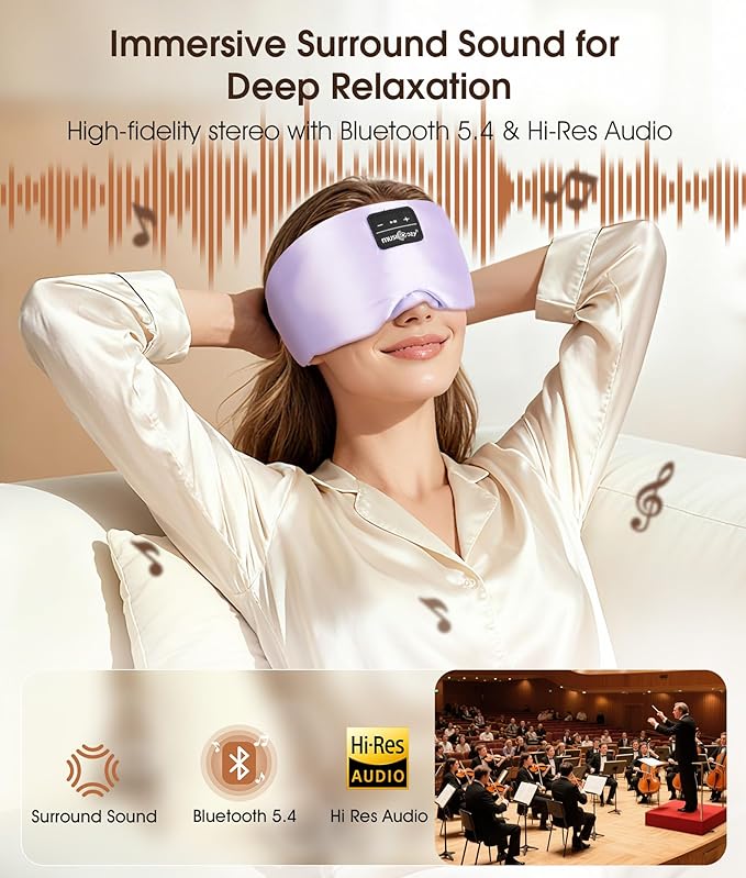 MUSICOZY 3D Silk Bluetooth Sleep Mask Headphones, Mulberry Silk Eye Mask with Ultra-Thin Wireless Speakers, Bluetooth 5.4 Sleeping Headphones for Side Sleepers, Music Sleep Mask Gifts for Men Women