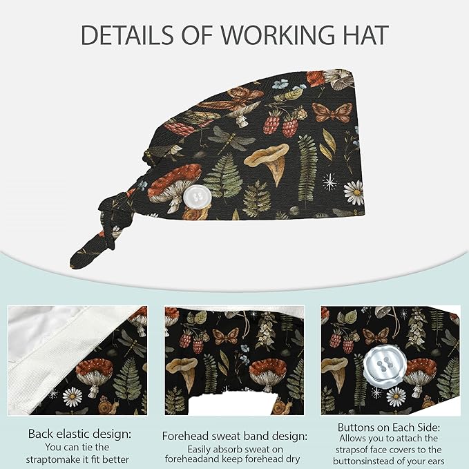 2 Pcs Working Cap with Sweatband for Women Men, Adjustable Cleaning Working Hats, Nurse Surgical Caps