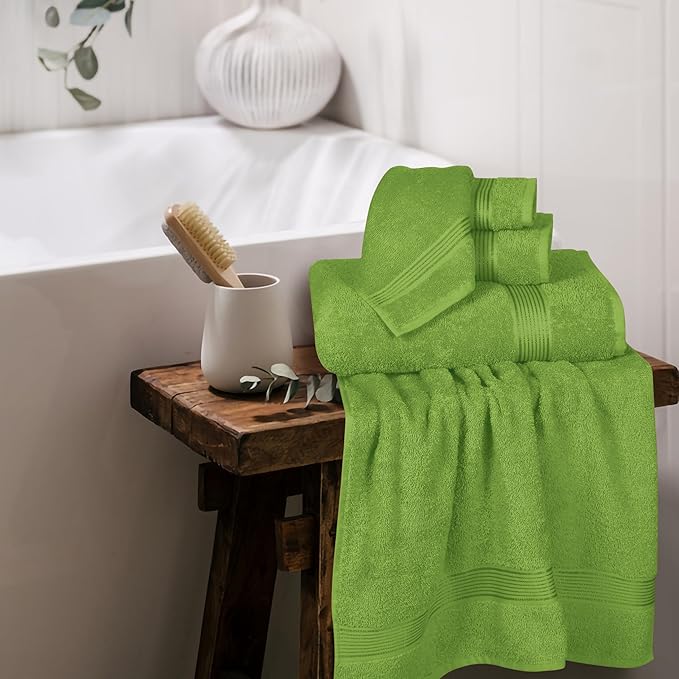 Elvana Home Ultra Soft 6 Pack Cotton Towel Set, Contains 2 Bath Towels 28x55 inch, 2 Hand Towels 16x24 inch & 2 Wash Coths 12x12 inch, Ideal for Everyday use, Compact & Lightweight - Kiwi Green