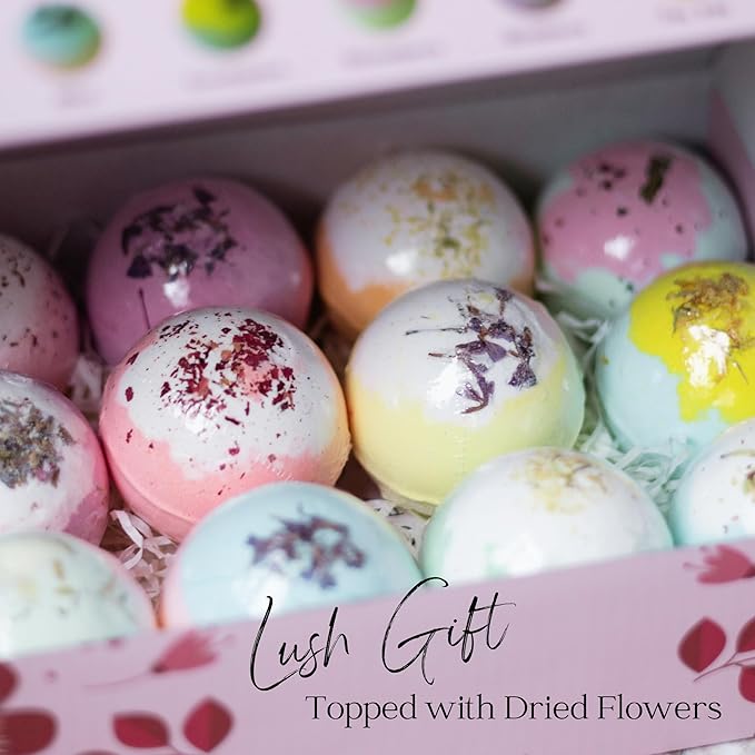 EvolutionUSA 12 Inspire Bath Bombs for Women & Girls – Flower Topped Bath Bombs Girls, Lush Bathbombs Set, Organic Bath Fizzers, Luxury Gift for Mothers Day, Birthday, Christmas, Easter or Self Care