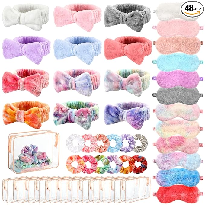 Kajaia 48 Pcs Spa Party Supplies for Girls Spa Party Favor Sleepover Slumber Supplies for Women Headband Eye Mask Hair Scrunchies Toiletry Bag(Motley,Fresh)