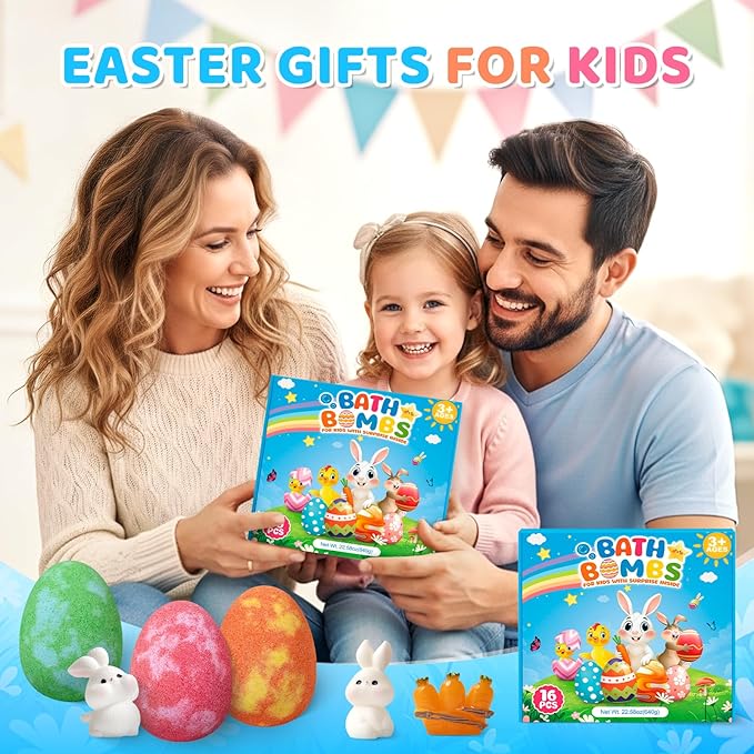 Bath Bombs for Kids with Surprise Inside, 16 Pack Easter Kid Bath Bombs Gift Set, Easter Gifts for Kids Bubble Bath Bomb for Boys Girls with Toys Inside, Easter Basket Stuffers & Easter Egg Fillers