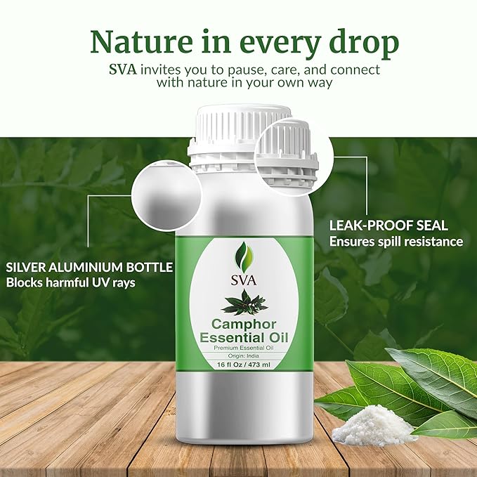 SVA Camphor Essential Oil – 16 Fl Oz – 100% Natural Camphor Oil - for Diffuser, Hair Care, Face, Skin Care, Aromatherapy, Scalp and Body Massage, Soap and Candle Making