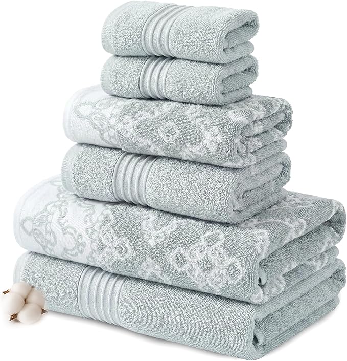 Modern Threads Charlize 6-Piece 100% Cotton Towel Set – Reversible Yarn Dyed Jacquard & Solid – Includes 2 Bath Towels, 2 Hand Towels, 2 Washcloths – Absorbent, Quick Dry, Soft & Durable – Dark Sage