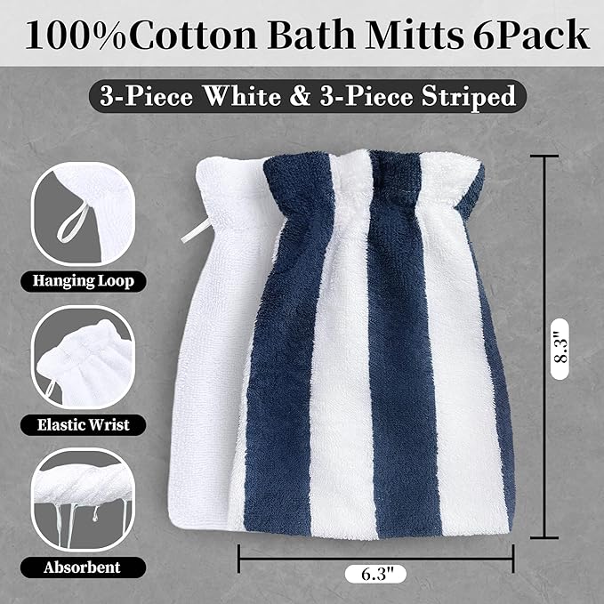 VOOVA & MOVAS Bath Mitts for Shower, 6-Pack, 8.3x6.3 Inch, 100% Cotton Soft Absorbent Wash Cloths with Hanging Loop, European Style Body & Bath Wash Mitts, Pink Stripe & White
